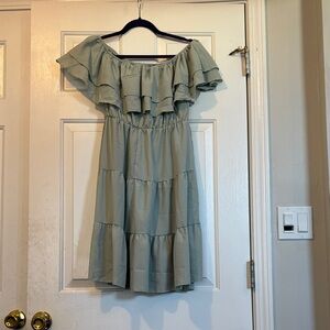 Off-Shoulder Ruffle Tiered Dress in Light Green